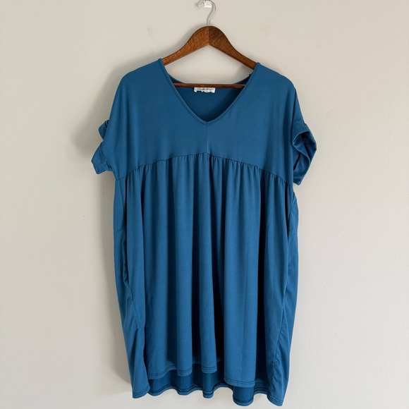 Blue V-Neck Women's Babydoll Dress - Picture 2 of 7